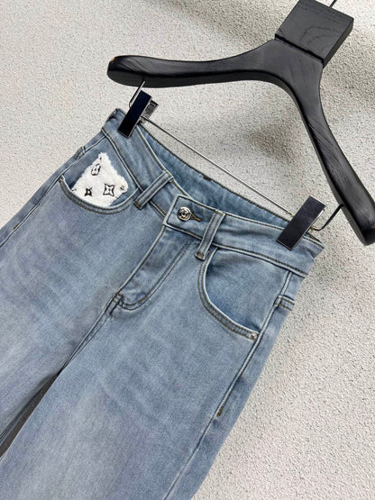 Lamb wool pocket fleece denim pants