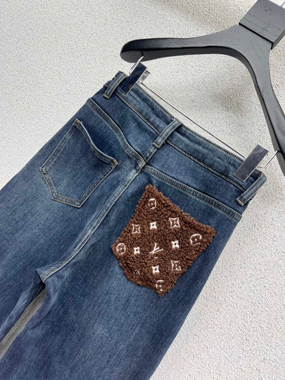 Lamb wool pocket fleece denim pants