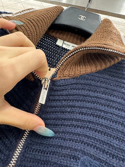 Color blocked lapel knit cardigan