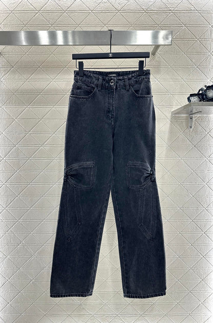 Bow tie denim straight leg pants