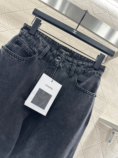 Bow tie denim straight leg pants