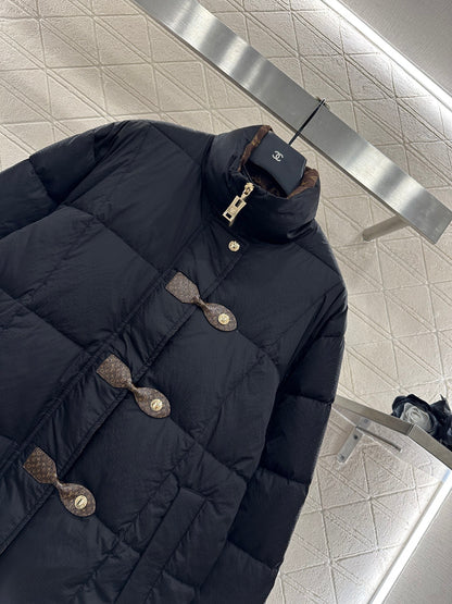 Leather buckle stand up collar down jacket