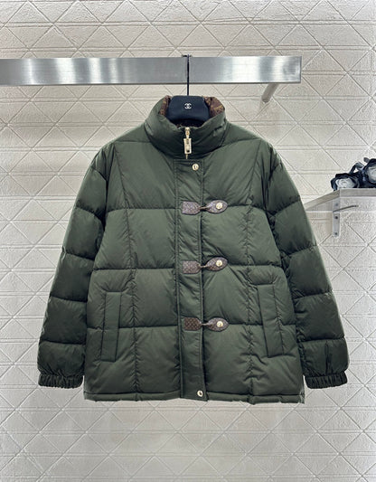 Leather buckle stand up collar down jacket