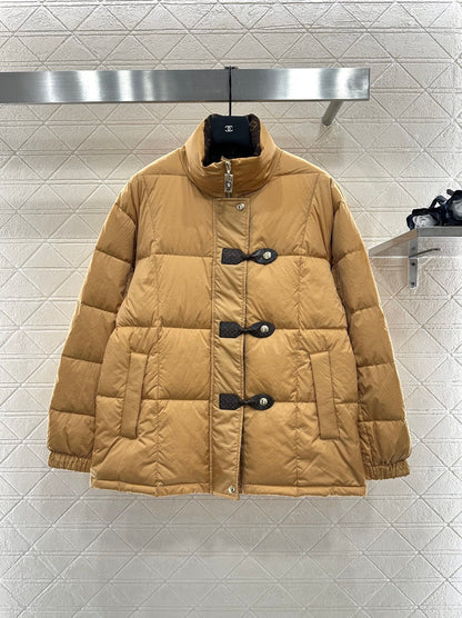 Leather buckle stand up collar down jacket