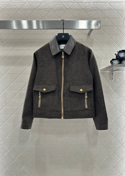 Collar jacket with patchwork leather
