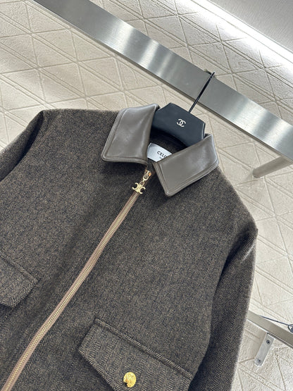 Collar jacket with patchwork leather