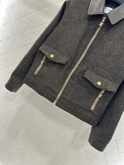 Collar jacket with patchwork leather