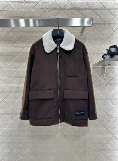 Lamb fleece collar mid length jacket