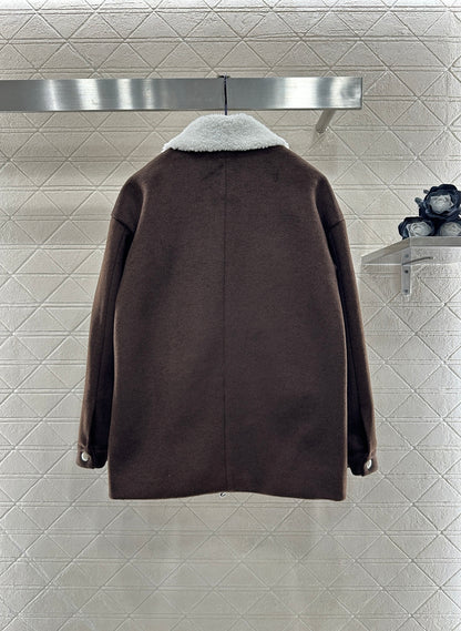 Lamb fleece collar mid length jacket