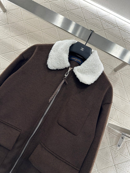Lamb fleece collar mid length jacket
