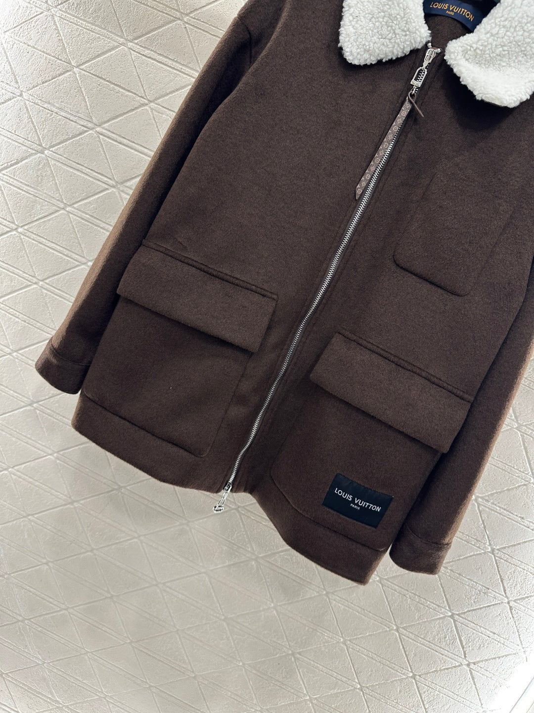 Lamb fleece collar mid length jacket