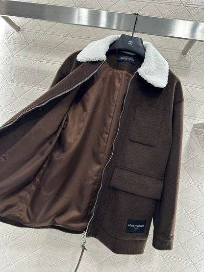 Lamb fleece collar mid length jacket