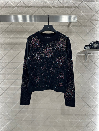 Round neck rhinestone jacquard sweater