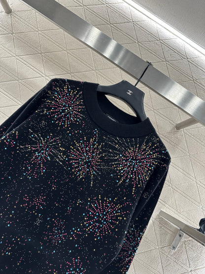 Round neck rhinestone jacquard sweater