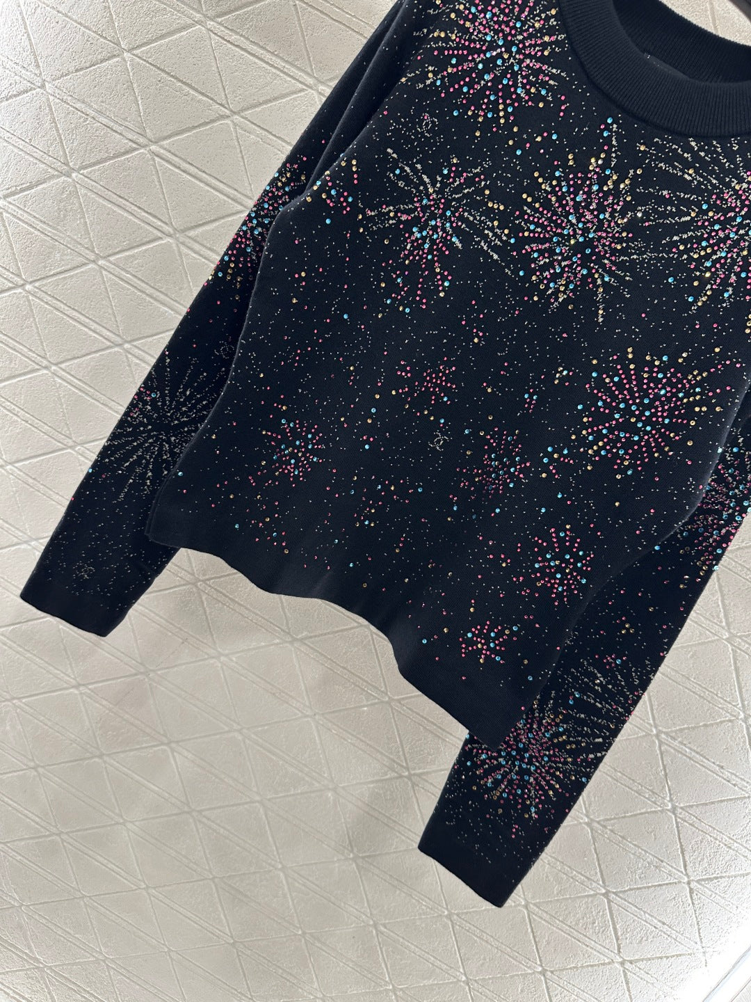 Round neck rhinestone jacquard sweater