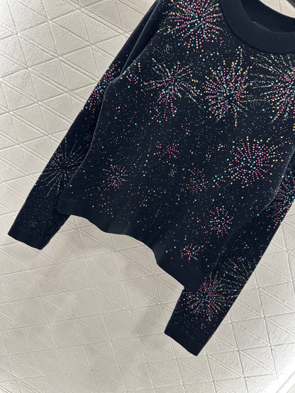 Round neck rhinestone jacquard sweater