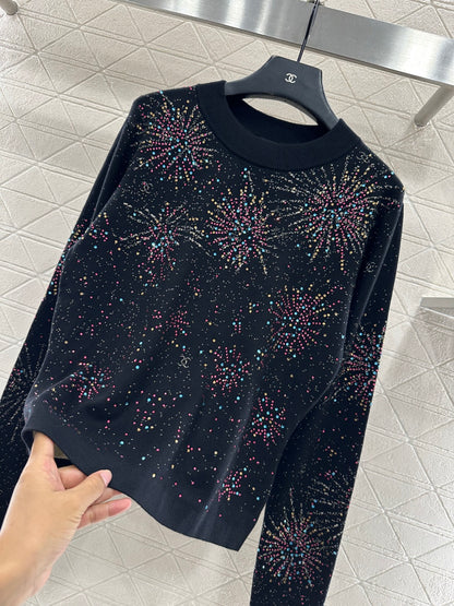 Round neck rhinestone jacquard sweater
