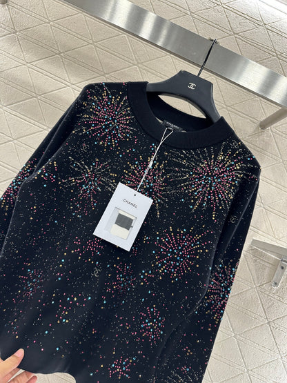 Round neck rhinestone jacquard sweater