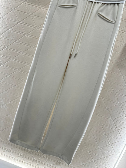 High waisted woven belt drawstring wide leg pants