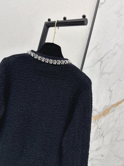 Nail drill craft round neck knitted cardigan