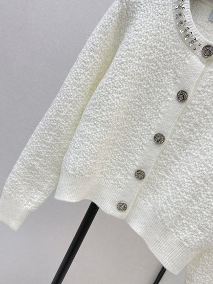 Nail drill craft round neck knitted cardigan