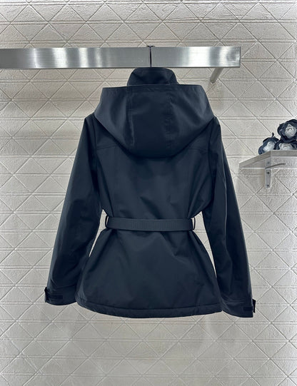 Hooded waist belt down jacket