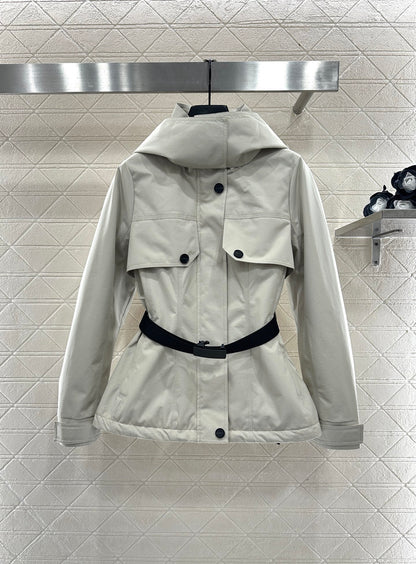 Hooded waist belt down jacket