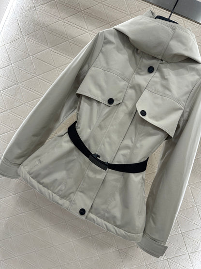 Hooded waist belt down jacket