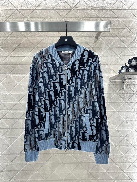 Jacquard knitted zipper cardigan