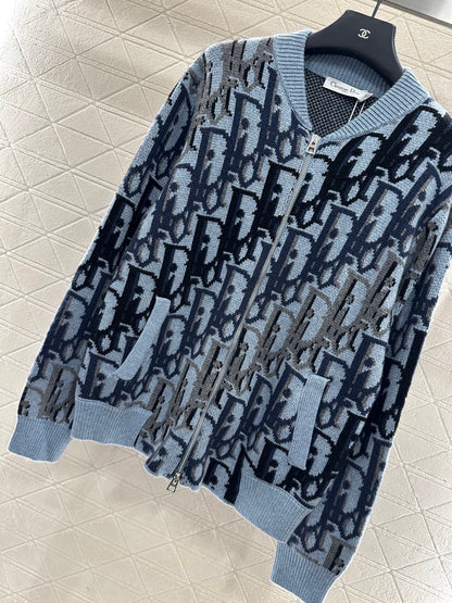 Jacquard knitted zipper cardigan