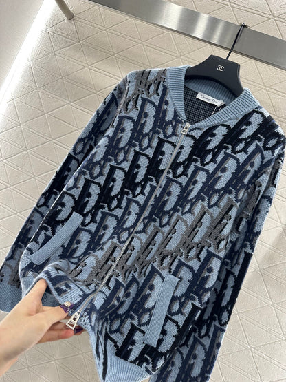 Jacquard knitted zipper cardigan