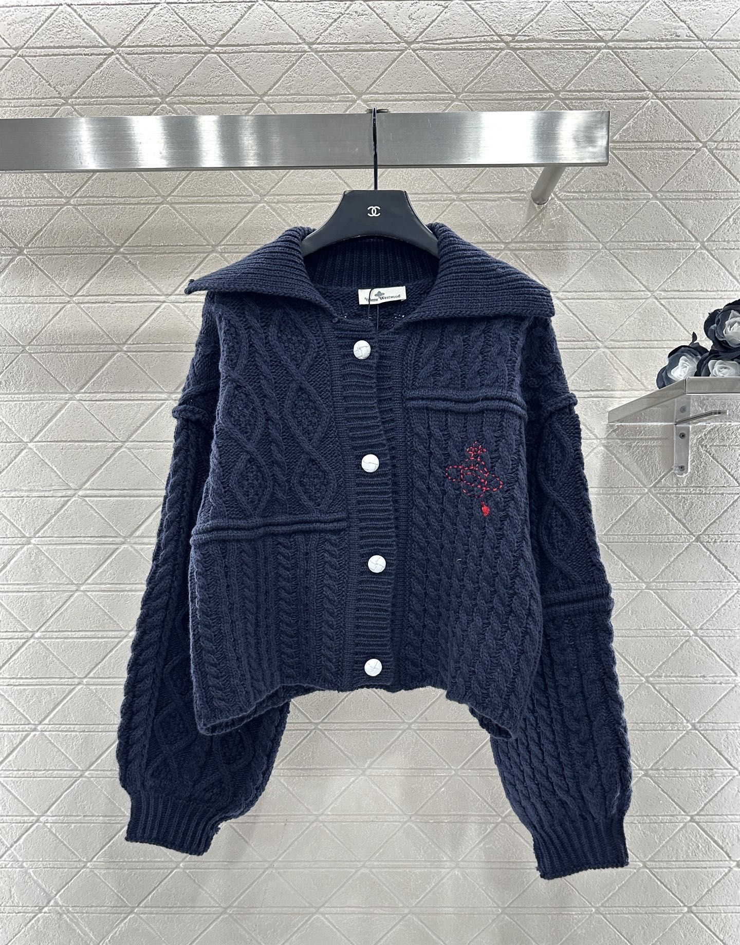 Collar Embroidered Knitted Coat