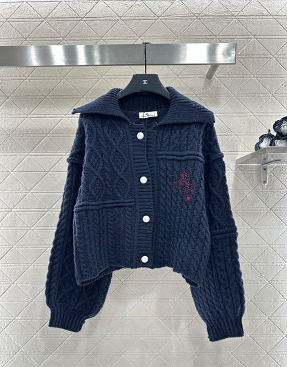 Collar Embroidered Knitted Coat