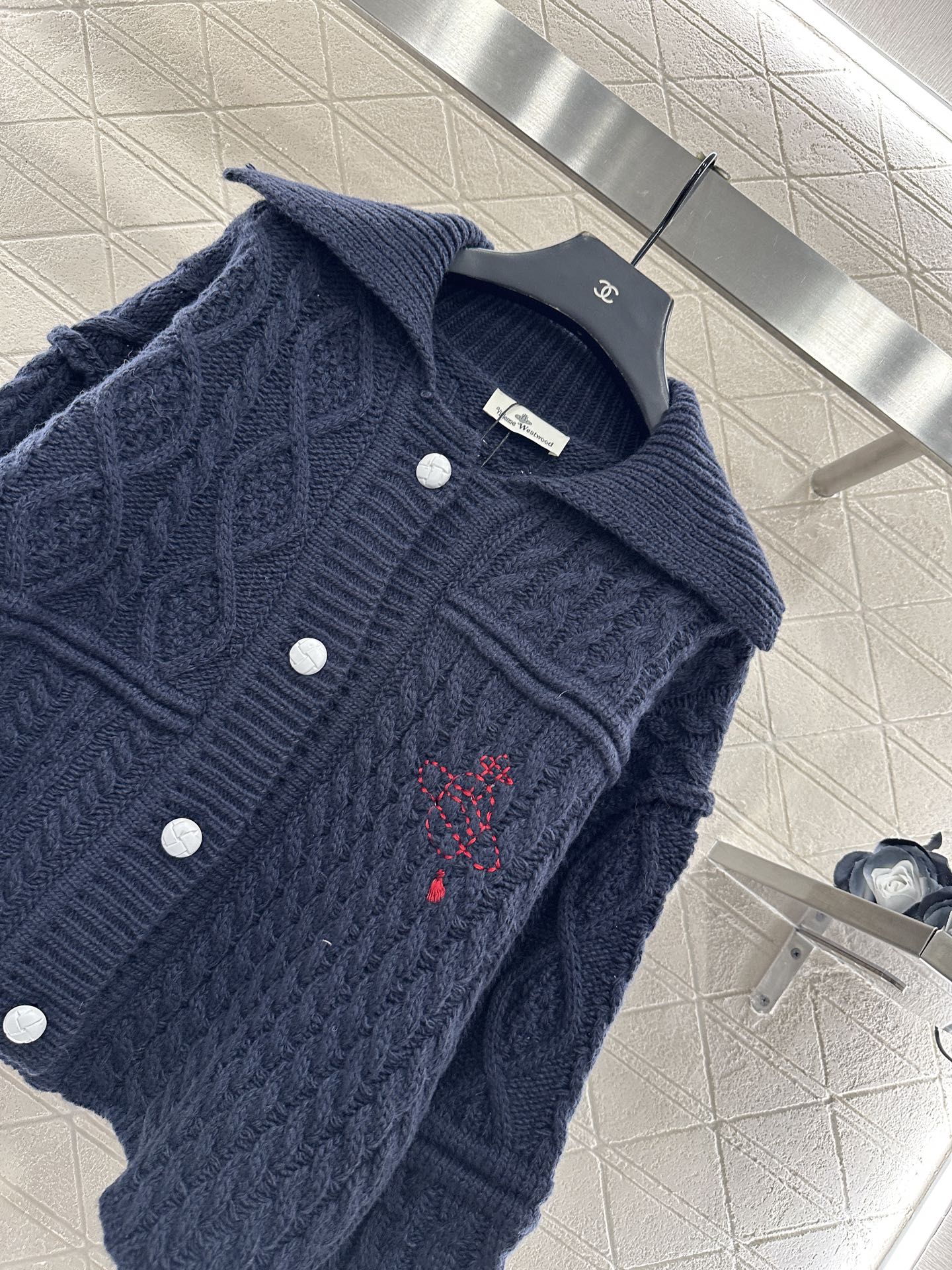 Collar Embroidered Knitted Coat