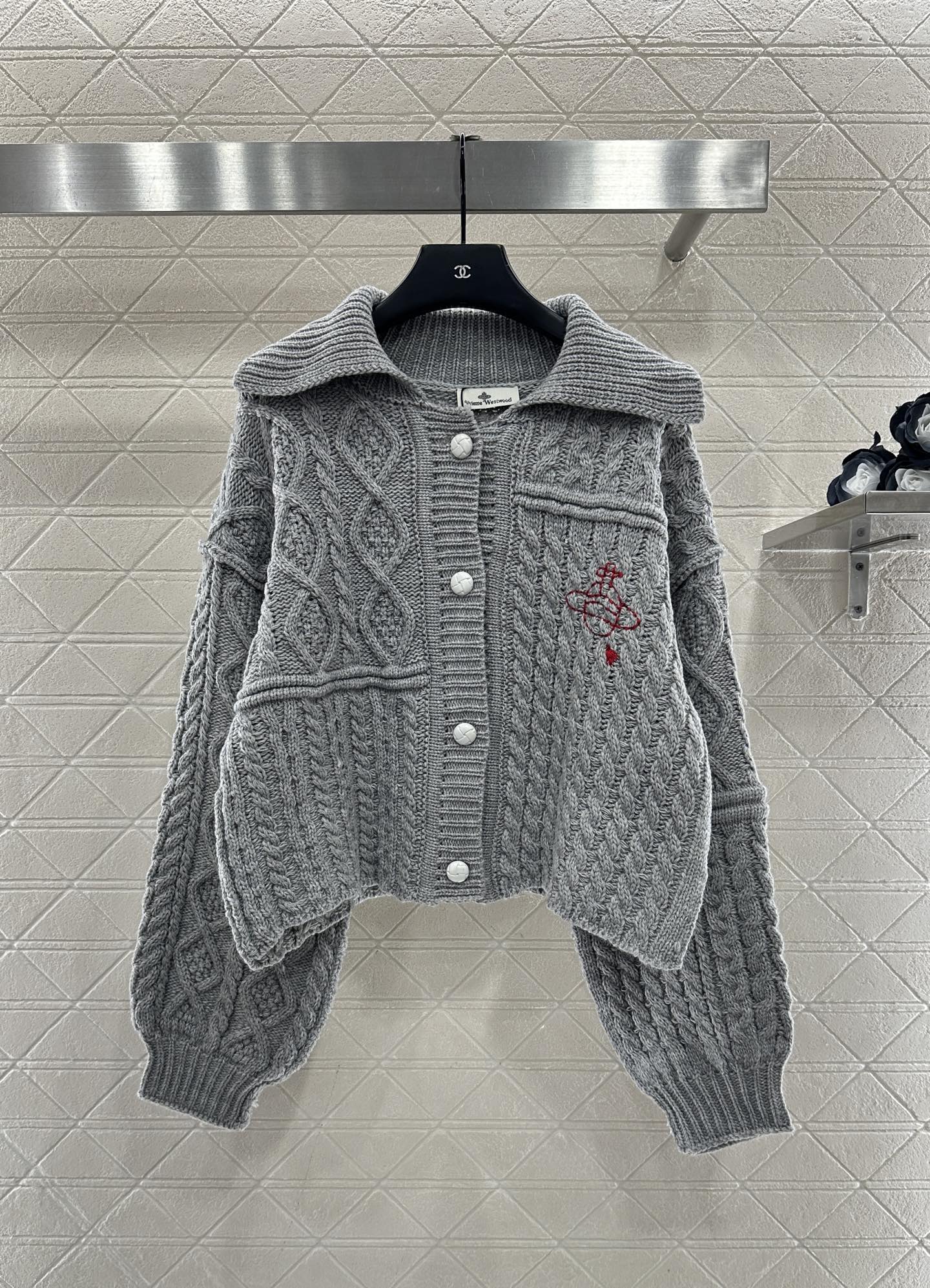 Collar Embroidered Knitted Coat