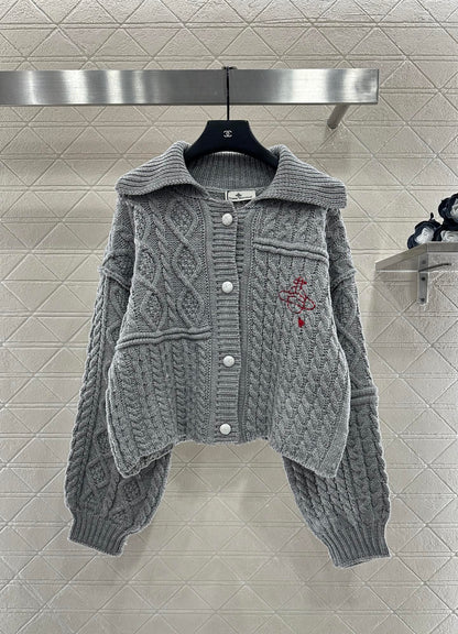 Collar Embroidered Knitted Coat