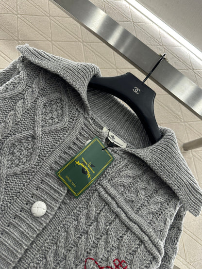 Collar Embroidered Knitted Coat