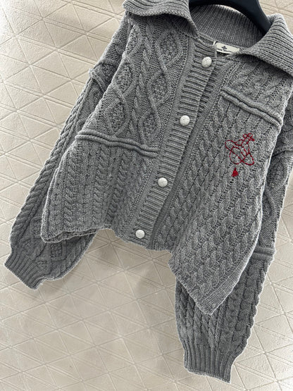 Collar Embroidered Knitted Coat