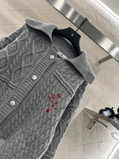 Collar Embroidered Knitted Coat