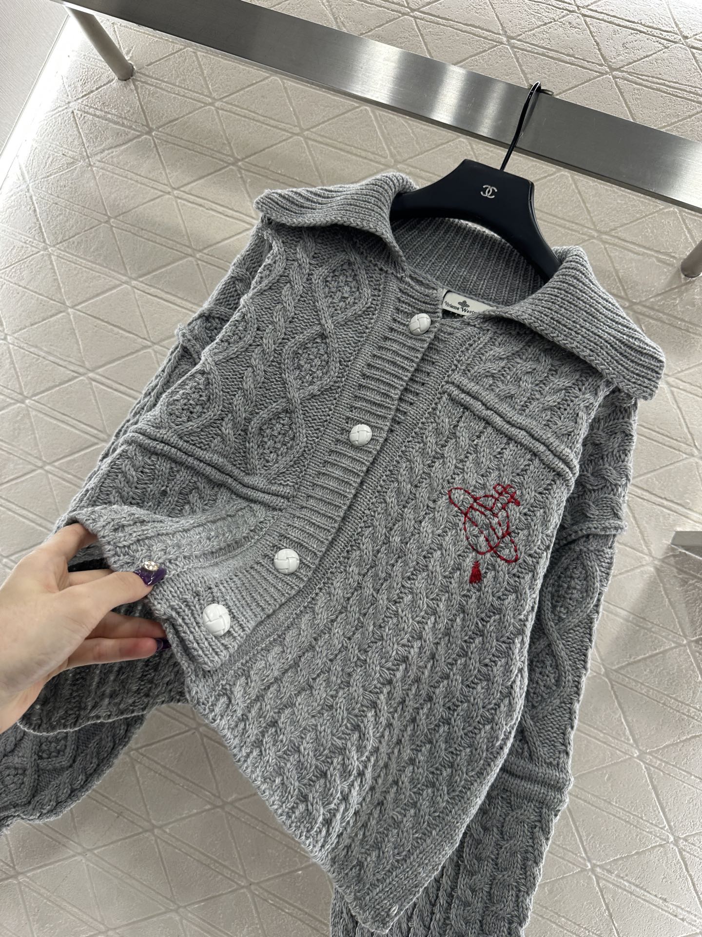 Collar Embroidered Knitted Coat