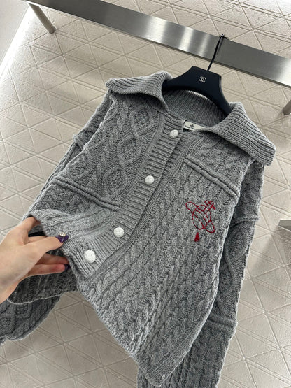 Collar Embroidered Knitted Coat