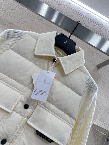 Knitted patchwork lapel down jacket