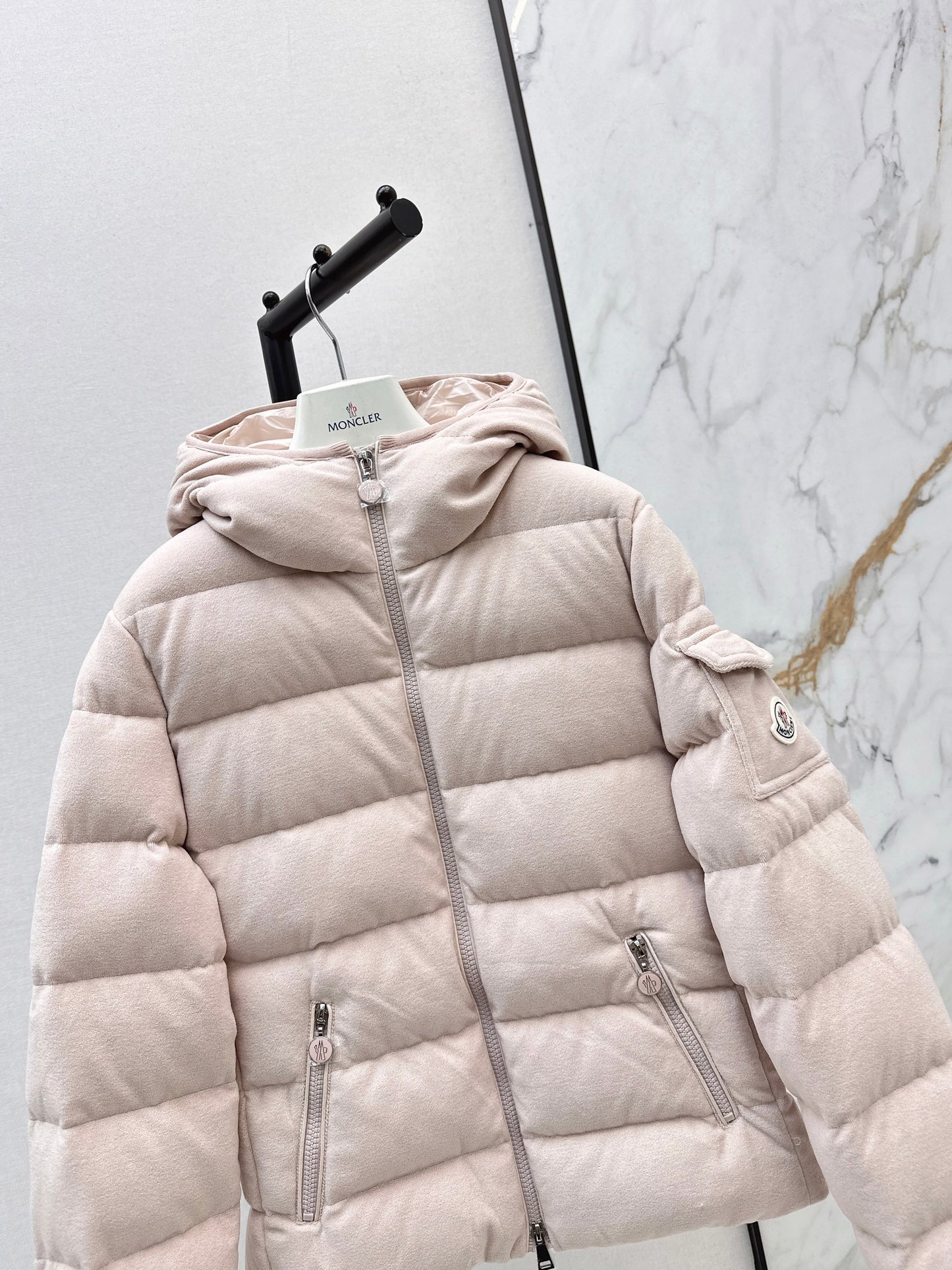 Woolen hooded down jacket