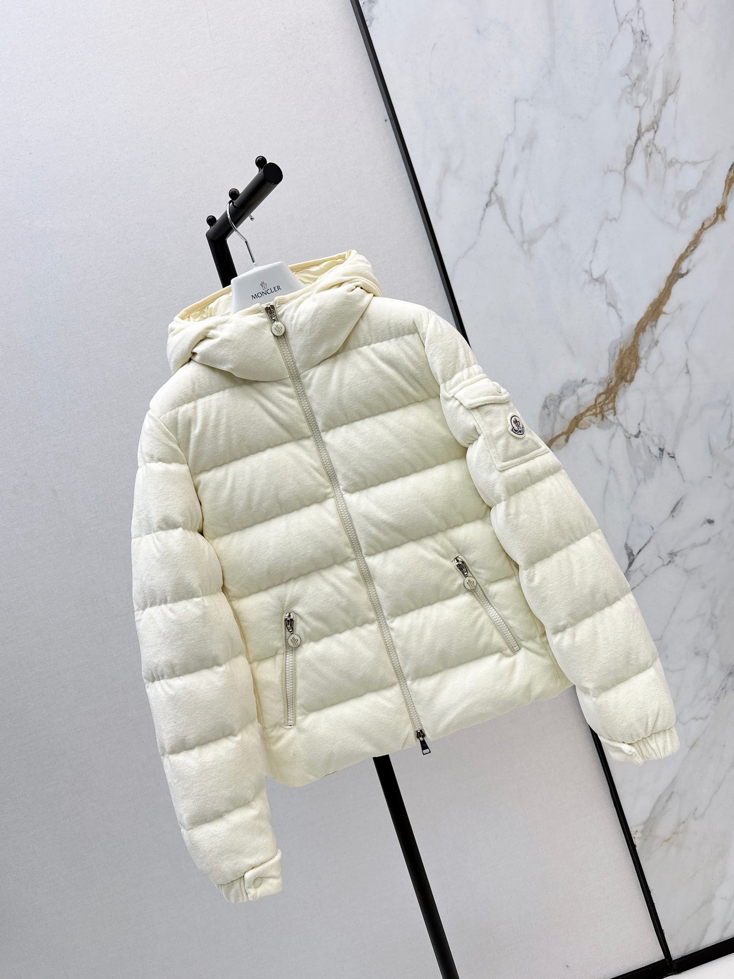 Woolen hooded down jacket