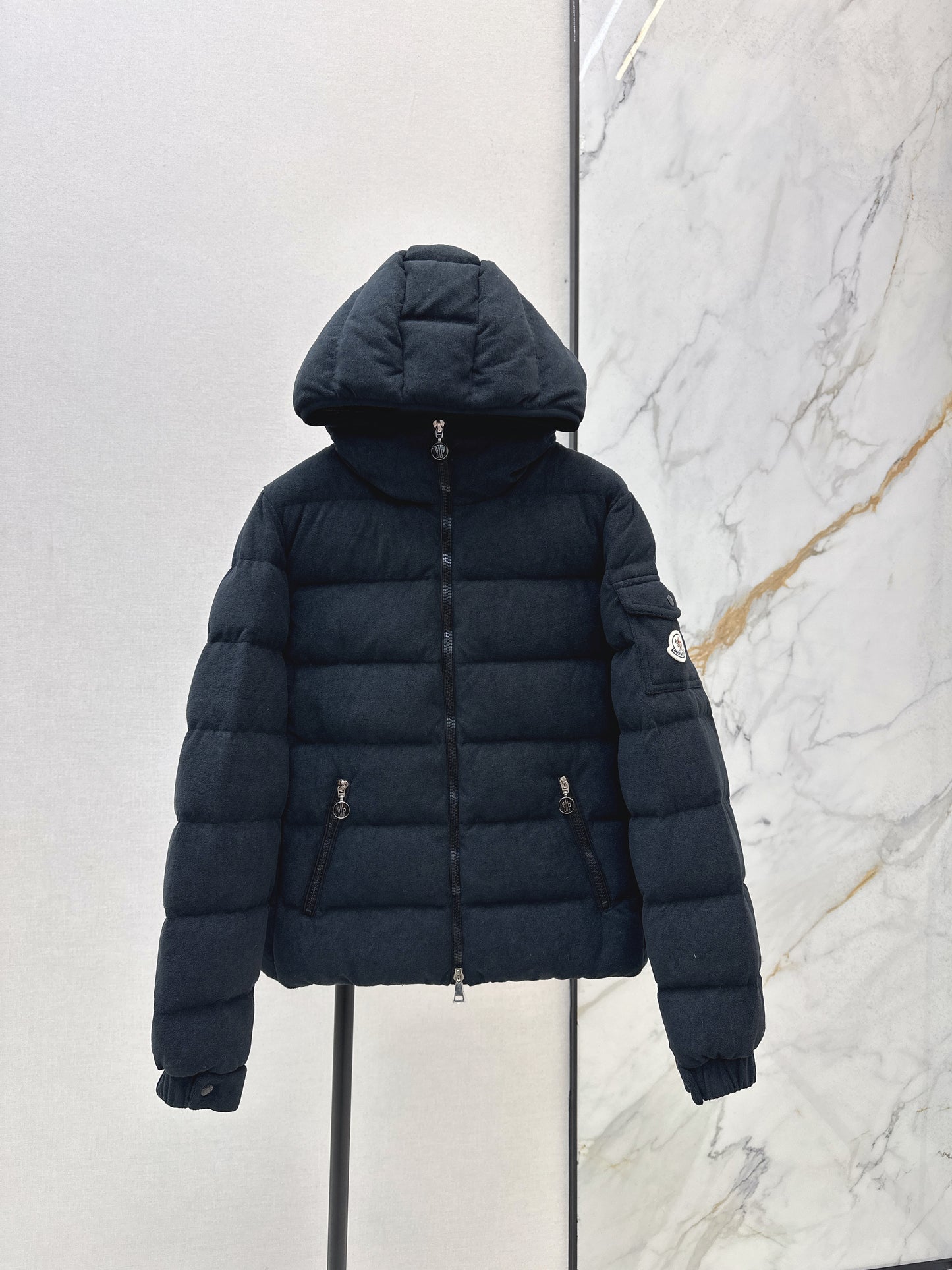 Woolen hooded down jacket