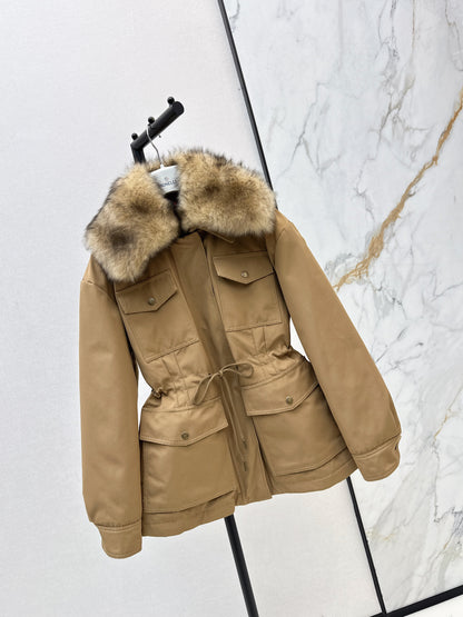 Hooded fur collar drawstring down jacket