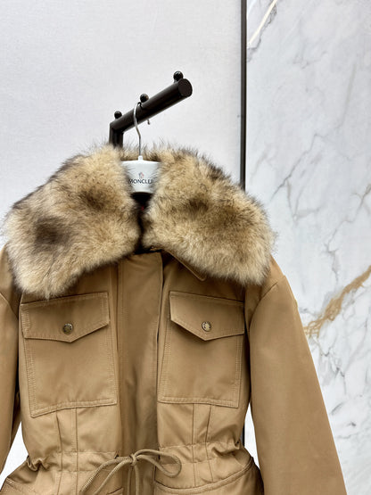 Hooded fur collar drawstring down jacket