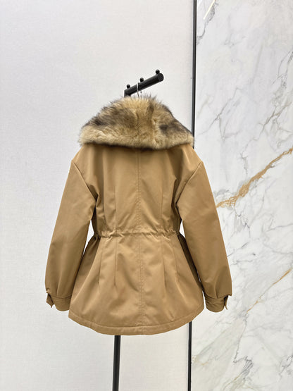 Hooded fur collar drawstring down jacket