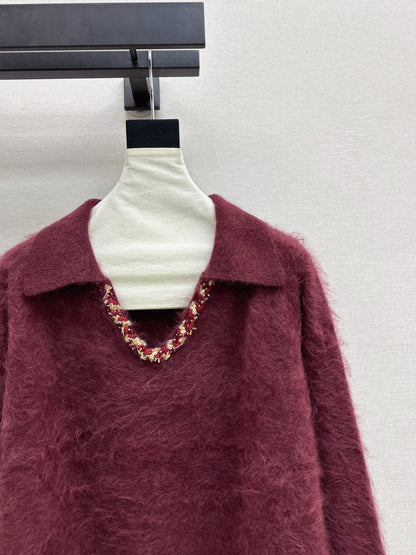 Sparkling woven decorative V-neck sweater