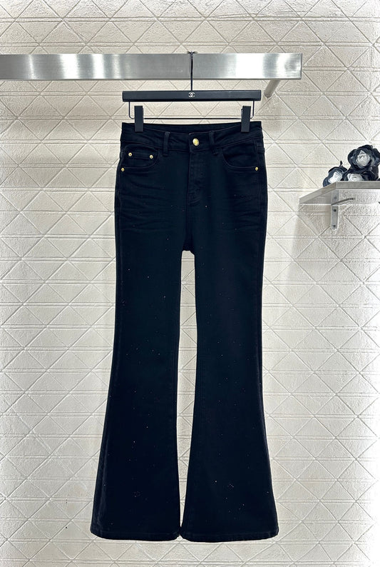 Suede and rhinestone slim fit jeans